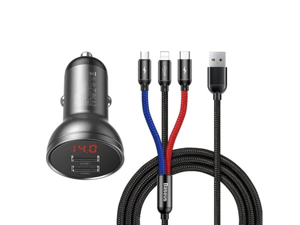 Baseus autolaturi, jossa on 24W näyttö + 3in1 Baseus Three Primary Colors USB-kaapeli 1.2m 1.2m