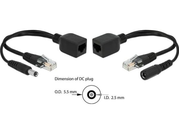 Delock Passive PoE Adapter Set RJ45 DC 5.5 x 2.5 mm - Strøminjektor - svart (en pakke 2)
