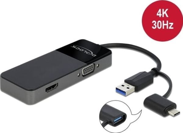Delock Adapter USB 3.0 to 4K HDMI + VGA - Adapterkabel - USB-type A, USB-C hann til HD-15 (VGA), HDMI hunn - 12 cm - svart