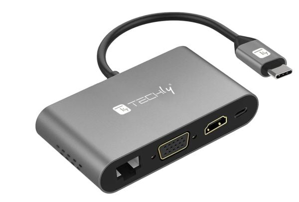 Techly IADAP USB31-DOCK3, USB Type-C, HDMI, RJ-45, USB 3.2 Gen 1 (3.1 Gen 1), VGA, Grå, Hankoppling, Honkoppling, Windows 11