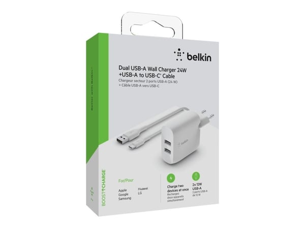 Belkin BoostCharge - Strømadapter - 24 watt - 2 utgangskontakter (USB) - hvit