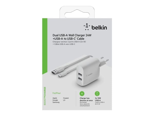 Belkin BoostCharge - Strømadapter - 24 watt - 2 utgangskontakter (USB) - hvit
