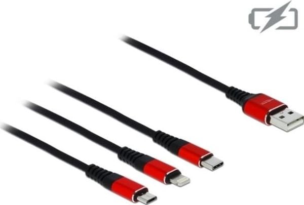 DeLOCK 85891, 0,3 m, USB A, USB C/Micro-USB B/Lightning, USB 2.0, Musta, Punainen