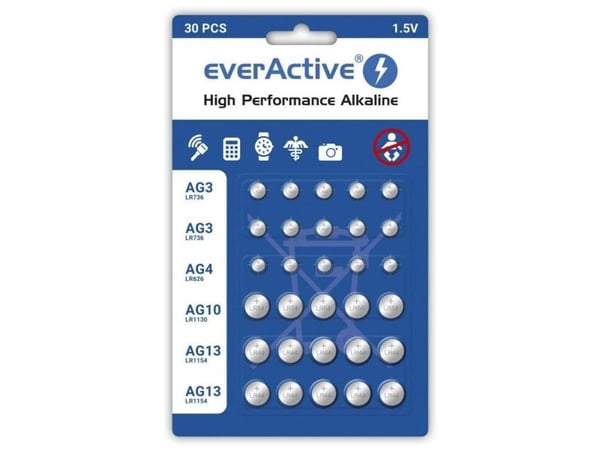 Sæt med 30 stk. everActive mini alkalinebatterier 10 x G3 / LR41, 5 x G4 / LR626, 5 x G10 / LR1130, 10 x G13 / LR1154