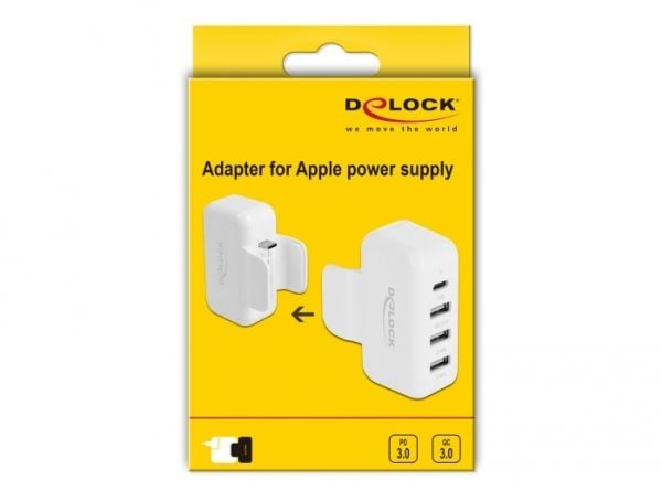 Delock Adapter for Apple power supply with PD and QC 3.0 - Strømadapter - 2.4 A - PD 3.0, QC 3.0 - 4 utgangskontakter (USB, 2 x USB, USB-C) - hvit