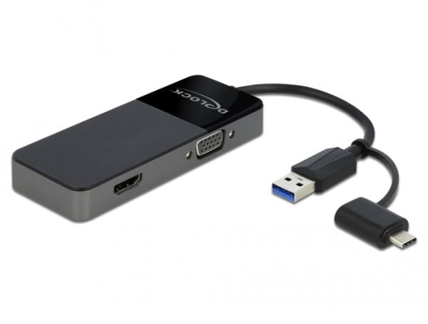 Delock Adapter USB 3.0 to 4K HDMI + VGA - Adapterkabel - USB-type A, USB-C hann til HD-15 (VGA), HDMI hunn - 12 cm - svart