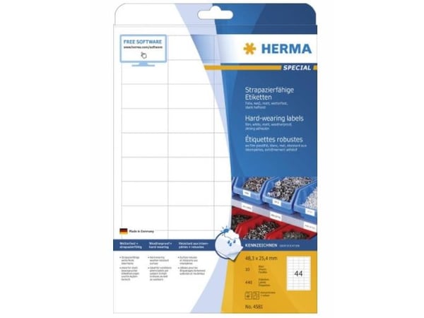 HERMA 4581, Hvit, Selvklebende skriveretikett, A4, Rektangel, 440 stykker, 10 stykker