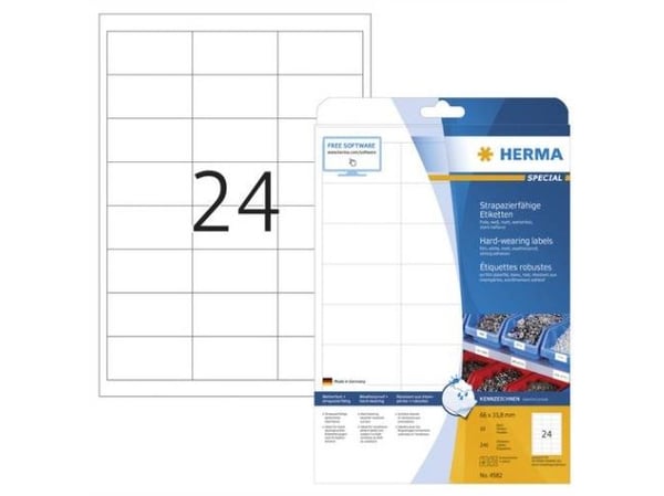 HERMA 4582, Hvit, Selvklebende skriveretikett, A4, Laser, firkant, 240 stykker