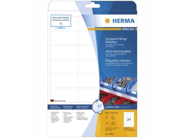 HERMA 4582, Hvit, Selvklebende skriveretikett, A4, Laser, firkant, 240 stykker