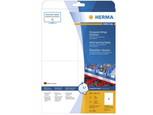 HERMA 4583, Hvit, Selvklebende skriveretikett, A4, Laser, firkant, -30 - 80 °C