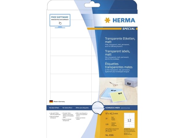 HERMA 4586, Gjennomsiktig, Avrundet rektangel, Permanent, A4, Universell, Polyester