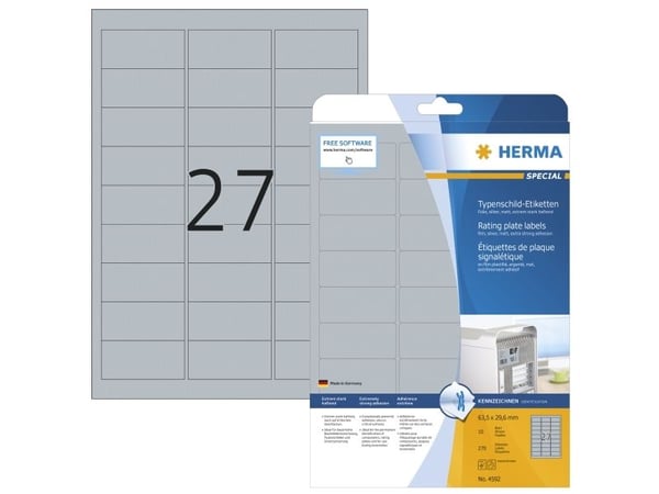 HERMA SPECIAL nameplate labels, 63.5 x 29.6 mm, silver polyester film, extremely strong adhesive, matt, weatherproof, - 1 piece (4592)