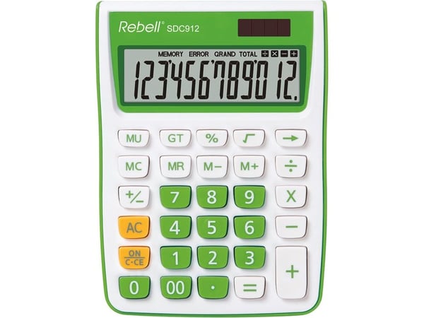 Rebell SDC912, Desktop, Grunnleggende, 12 sifre, 1 linjer, Batteri/Solcelle, Grønn