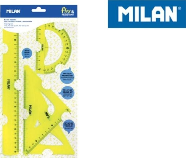 Milan Flex & Resistant Acid, Protractor, Ruler, Kolmio, 4 kpl, Keltainen, 45° & 60°, Puoliympyrä, 108 g