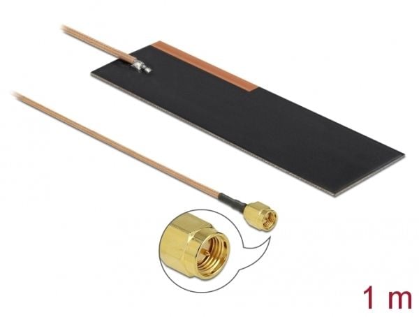 Delock LPWAN Antenne SMA plugg 1 - 2 dBi RG-178 1 m PCB intern selvklebende - Antenne - Smart Home - 1 - 2 dBi - selvklebende montering - svart