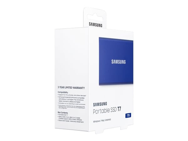 Samsung T7 MU-PC1T0H - SSD - kryptert - 1 TB - ekstern (bærbar) - USB 3.2 Gen 2 (USB-C kontakt) - 256-bit AES - indigoblå