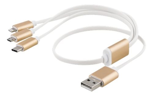 Deltaco USB-MULTI05, 0,5 m, Mini-USB B, USB C/Micro-USB B/Lightning, Kulta, Valkoinen