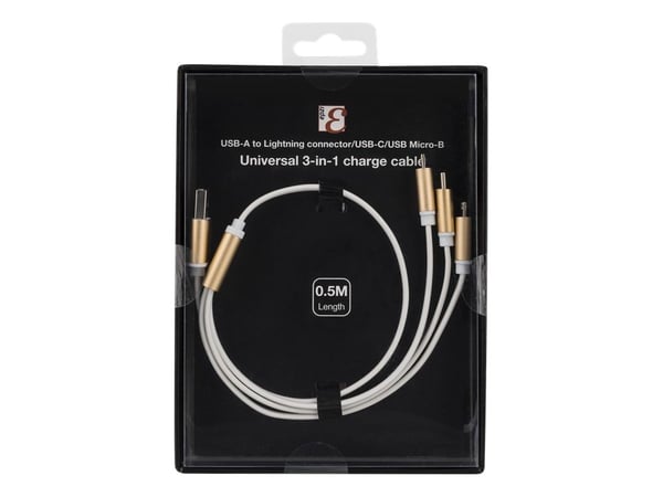 Deltaco USB-MULTI05, 0,5 m, Mini-USB B, USB C/Micro-USB B/Lightning, Kulta, Valkoinen
