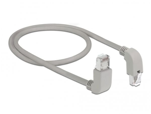 Delock - Patchkabel - RJ-45 (han) op-vinklet til RJ-45 (han) nedvinklet - 50 cm - S/FTP - CAT 6a - booted, halogenfri - grå