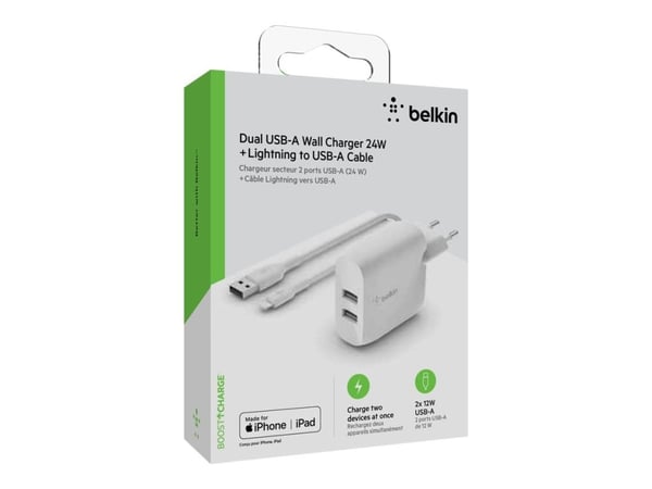 Belkin BoostCharge - Strømadapter - 24 watt - 2 utgangskontakter (USB) - hvit