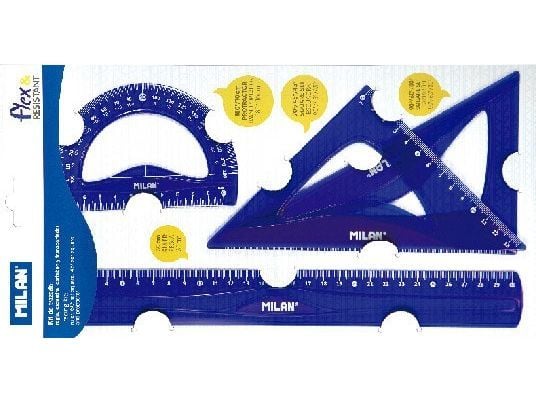 Milan Flex & Resistant Acid, Protractor, Linjal, Trekant, 4 stykker, Blå, 45° & 60°, Halvsirkel, 108 g