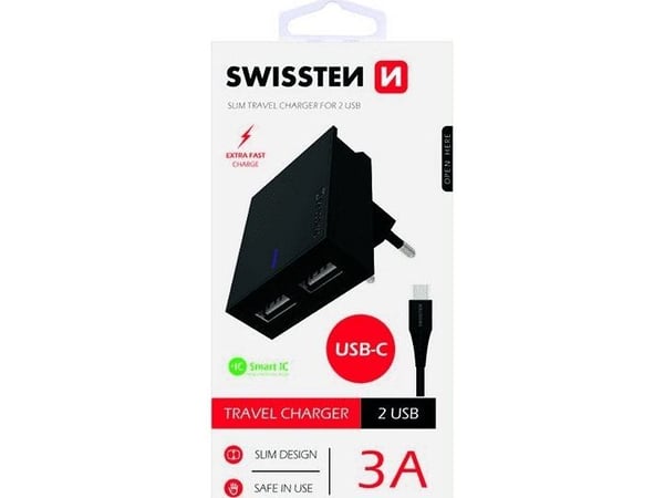 Telefon tilbehør Swissten Smart IC nett-/lader-sett: 2xUSB 3A + Type C datakabel 1,2 m, svart