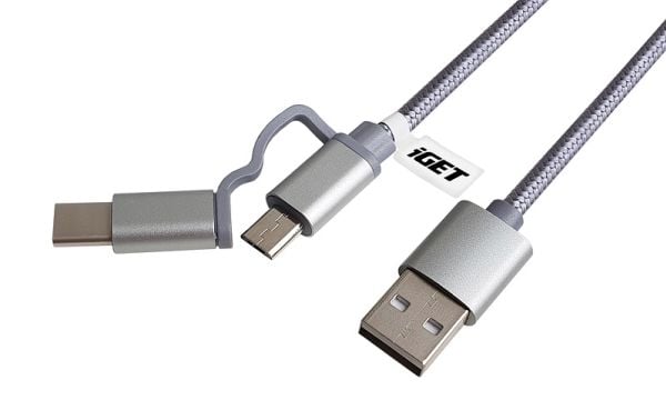 iGET G2V1, 1 m, USB A, USB C/Micro-USB A, Metallisk, Sølv
