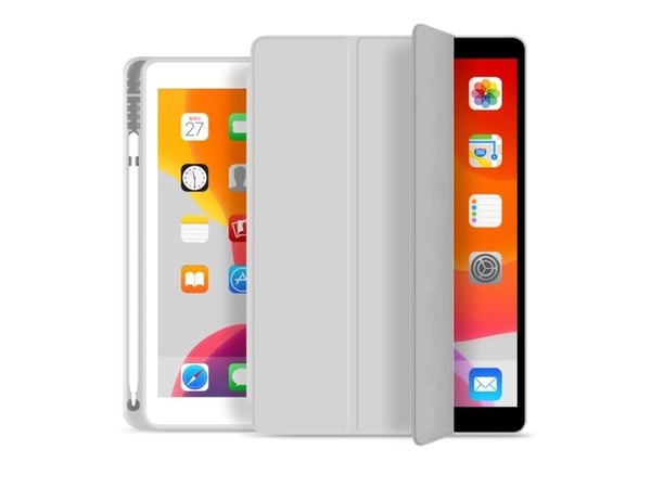 eSTUFF Pencil case - Skjermdeksel for nettbrett - polyuretanlær, termoplast-polyuretan (TPU) - grå - 9.7" - for Apple 9.7-inch iPad (5. generasjon,...