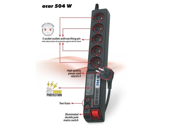 ACAR 504 W, 5 AC-utganger, 230 V, 50 Hz, 10 A, 2300 W, 10 A