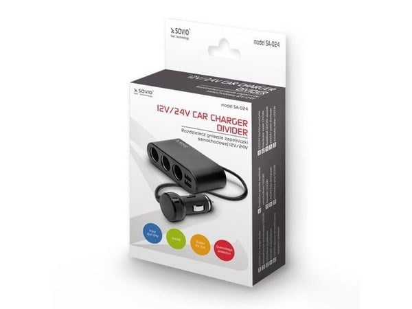 SAVIO SA-024 - Strømadapter for bil - 120 Watt - 3,1 A - 5 utgangskontakter (2 x USB, 3 x sigarettenner) - svart