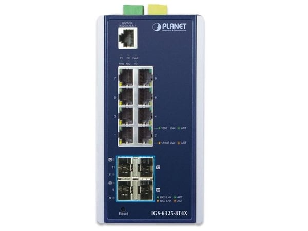 PLANET IGS-6325-8T4X - Switch - L3 - Styrt - 8 x 10/100/1000 + 4 x 10 Gigabit SFP+ - DIN-skinnemonterbar, veggmonterbar - AC 24 V / DC 12 - 48 V
