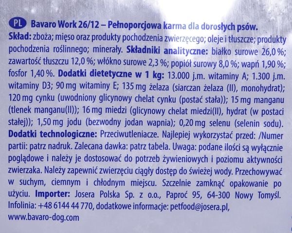 Josera BAVARO WORK ADULT 26/12 – 18KG, Adult, Grønnsaker, 15 kg