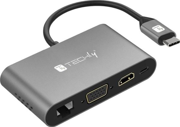 Techly IADAP USB31-DOCK3, USB Type-C, HDMI, RJ-45, USB 3.2 Gen 1 (3.1 Gen 1), VGA, Grå, Hankjønn, Hunkjønn, Windows 11