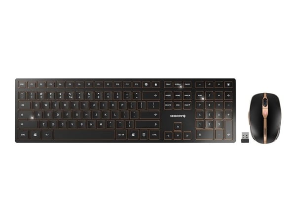 CHERRY DW 9000 SLIM - Sats med tangentbord och mus - trådlös - 2.4 GHz, Bluetooth 4.0 - USA med eurosymbol - svart, brons