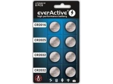 Sæt med 8 everActive litiumbatterier 4 x CR2032, 2 x CR2025, 2 x CR2016