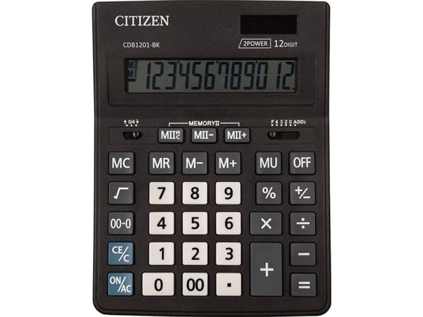 Citizen CDB1201-BK, Lomme, Grunnleggende, 12 sifre, 1 linjer, Batteri/Solcelle, Sort
