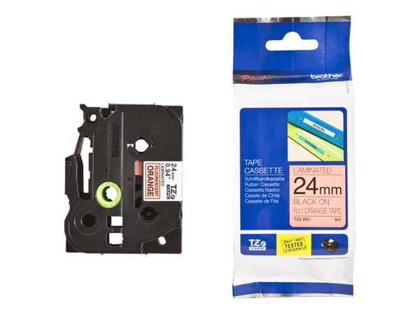 Brother TZe-B51 - Standardklebemiddel - svart på fluorescerende oransje - Rull (2,4 cm x 5 m) 1 kassett(er) laminert teip - for Brother PT-D600; P-...