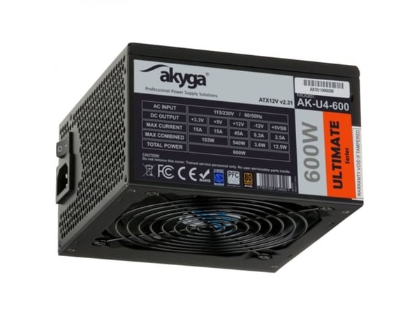 Akyga Ultimate Series AK-U4-600 - Strømforsyning (intern) - ATX12V 2.31 - 80 PLUS Bronze - AC 230 V - 600 Watt - aktiv PFC - sort