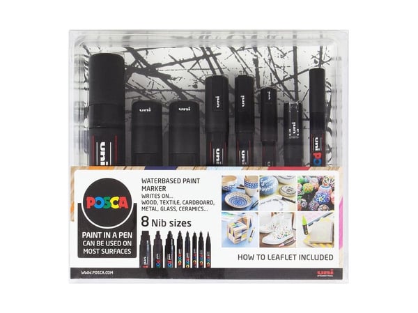 Marker Uni Posca Black Set - med 8 ass. størrelser
