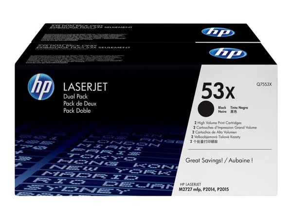 HP 53X - 2-pack - Høy ytelse - svart - original - LaserJet - tonerpatron (Q7553XD) - for LaserJet M2727nf MFP, M2727nfs MFP, P2014, P2014n, P2015, ...