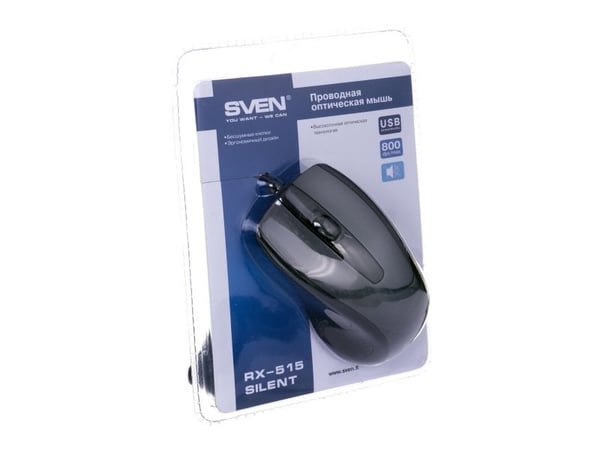 SVEN RX-515 Silent, Molempikätinen, Optinen, USB A-tyyppi, 800 DPI, Musta, Harmaa