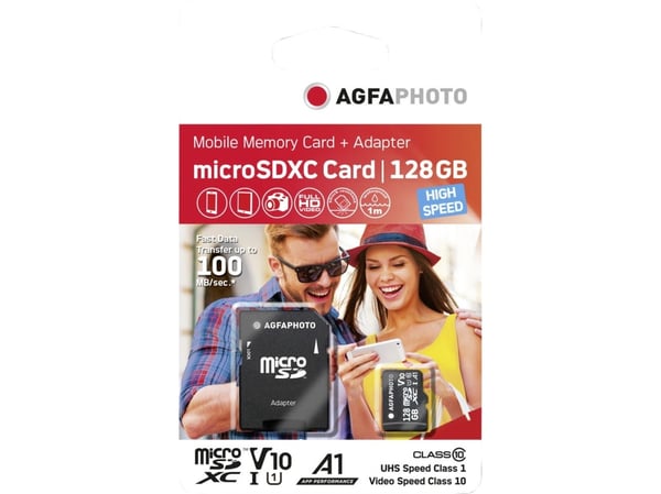 AgfaPhoto - Flashminnekort (SD-adapter inkludert) - 128 GB - Video Class V30 / UHS Class 3 / Class10 - microSDXC UHS-I