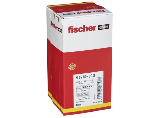 Fischer 48790, Kit med skruv och väggplugg, Autoklaverad lättbetong, Tegel, Betong, Gipsblock, Nylon, Förzinkat stål, Nylon, Grå, Silver, Förzinkat...