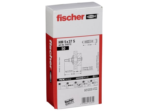 Fischer 519772, Skrue- og veggpluggsett, Gipsfiberplate, Gipsplater, Metall, 1 cm, 37 mm, 1 cm