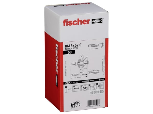 Fischer 519778, Skrue- og veggpluggsett, Gipsfiberplate, Gipsplater, Metall, 1,2 cm, 52 mm, 1,2 cm