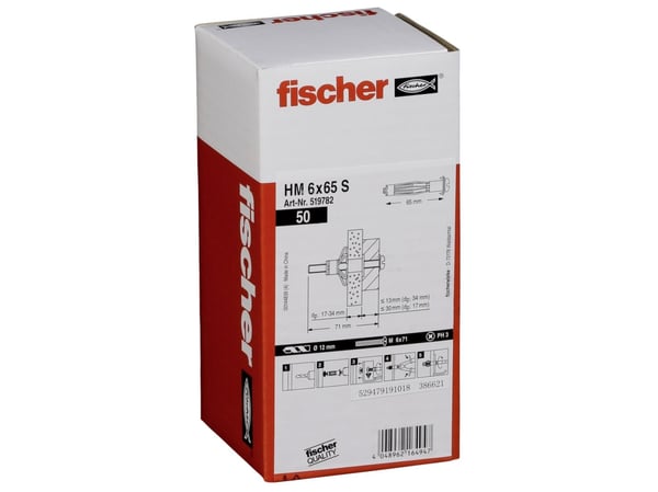 Fischer 519782, Skrue- og veggpluggsett, Gipsfiberplate, Gipsplater, Metall, 1,2 cm, 65 mm, 1,2 cm
