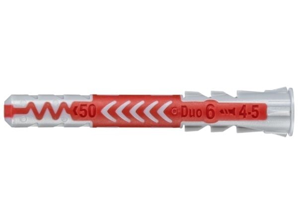 Fischer DuoPower, Veggplugg, Lettbetong, Murstein, Betong, Murverk, Gipsplater, Nylon, Grå, Rød, 6 mm, 50 mm