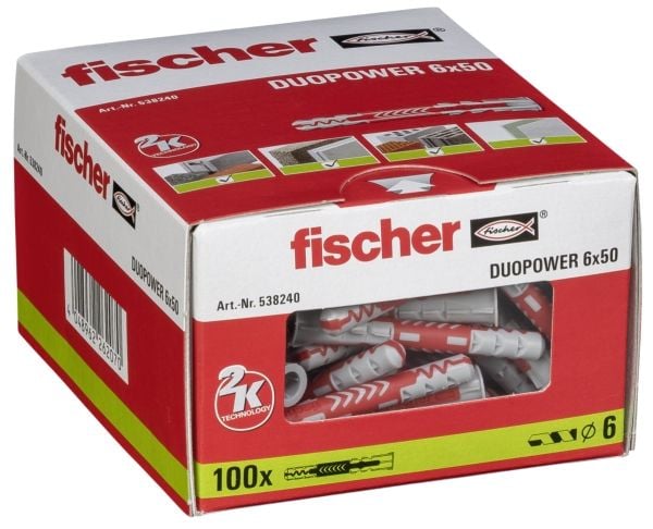 Fischer DuoPower, Veggplugg, Lettbetong, Murstein, Betong, Murverk, Gipsplater, Nylon, Grå, Rød, 6 mm, 50 mm
