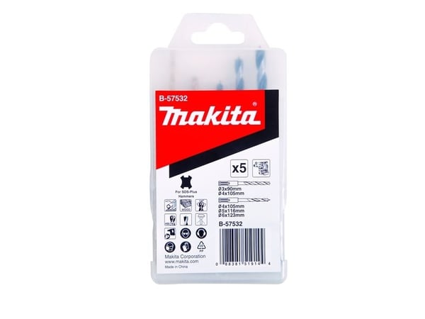Makita - Borsett - for tre, metall - 5 deler - 5 mm, 6 mm, 4 mm, 3 mm - SDS-plus - lengde: 90 mm, 105 mm, 123 mm, 116 mm - for Makita DHR171RAX3