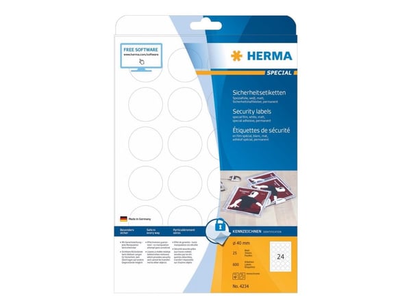 HERMA Special - Hvit - 40 mm rund 600 etikett(er) (25 ark x 24) permanent selvklebende matte sikkerhets-/forseglingsfilmetiketter